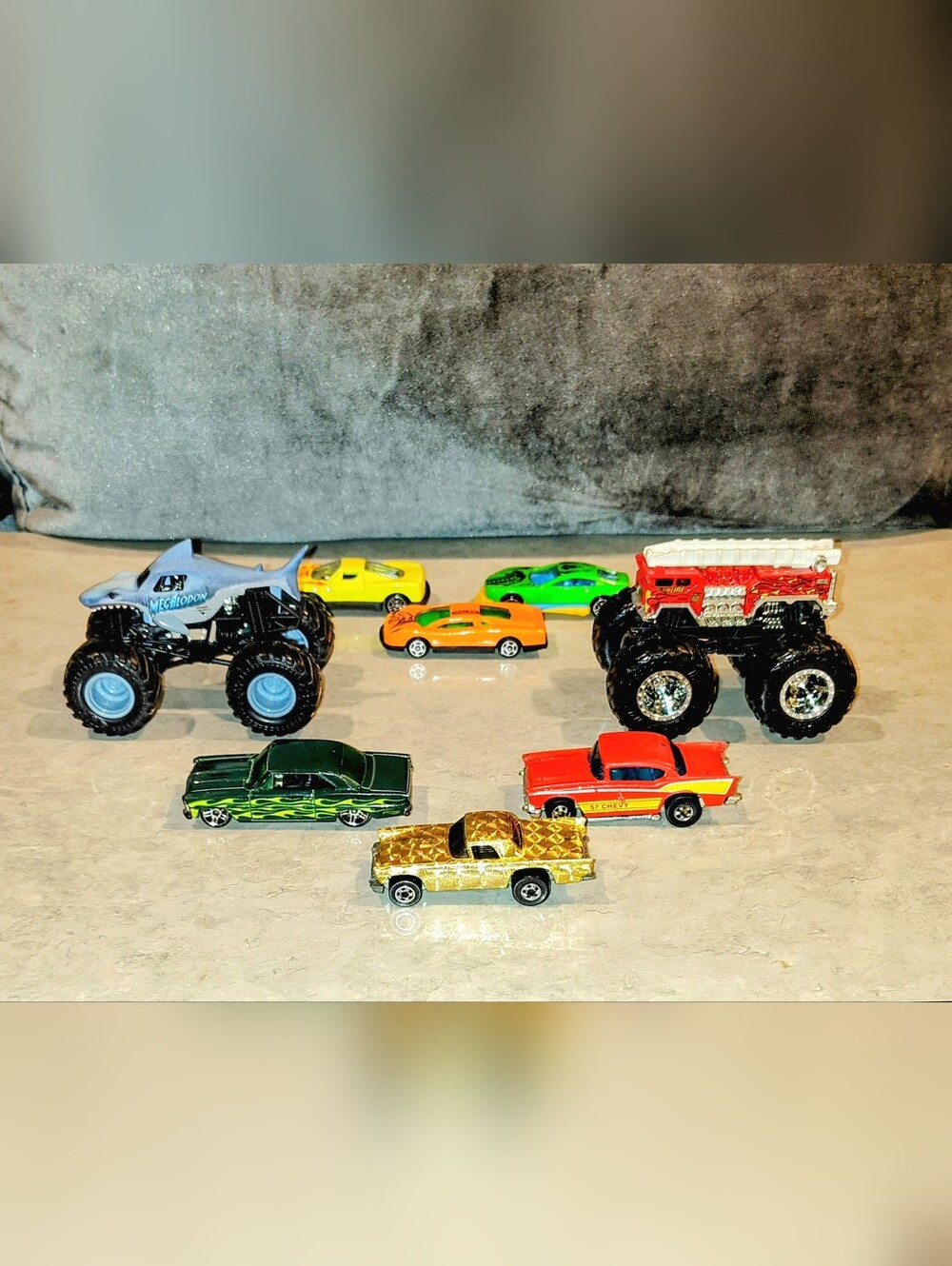 5 VTG HOT WHEELS 57' THUNDERBIRD 57' CHEVY 66' CHEVY NOVA SS & 2 MONSTER TRUCKS